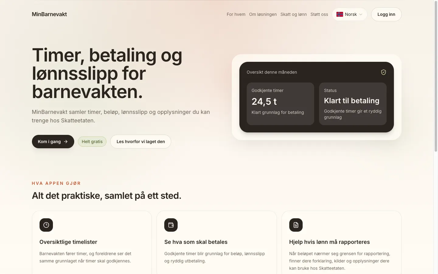 Skjermbilde av minbarnevakt.no — heading 'Timer, betaling og lønnsslipp for barnevakten' og oversikt over godkjente timer