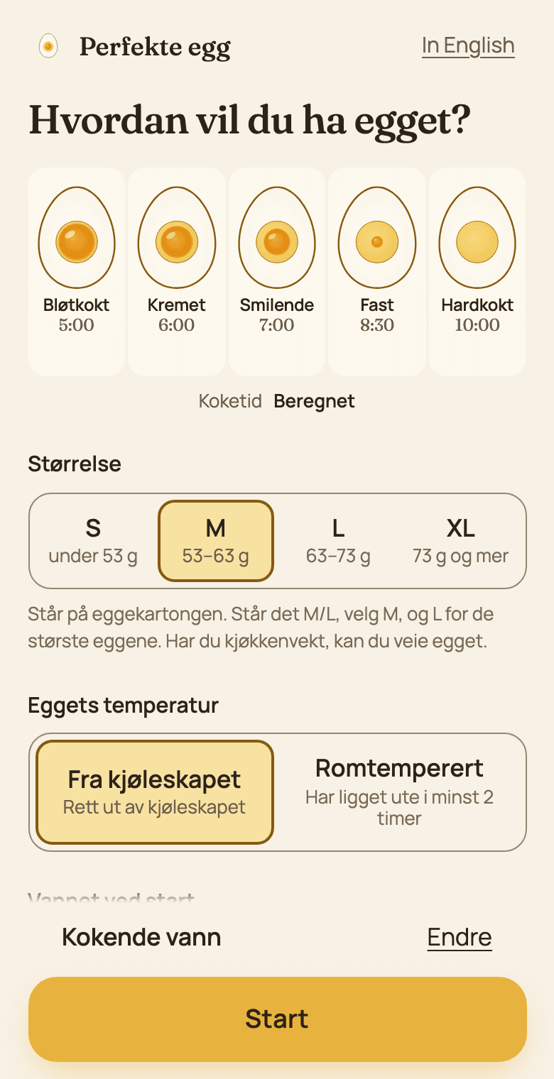 Perfekte egg: velg bløtkokt, kremet, smilende, fast eller hardkokt, størrelse og om egget kommer fra kjøleskapet