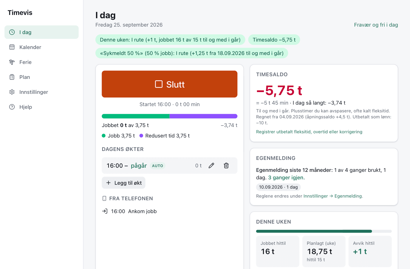 Timevis: dagens oversikt med timesaldo og hvor mye som gjenstår av dagen